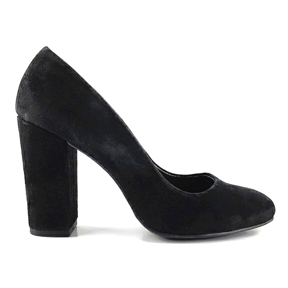 Le Chateau Flex Dressy Slip On Black Suede Pump Round Toe 4" Block  Heel Sz 38/8 - Picture 1 of 15